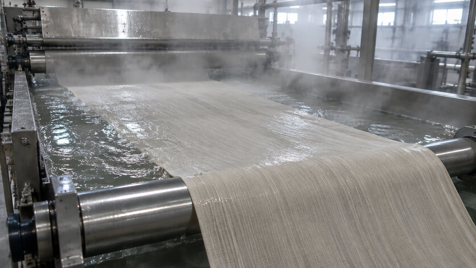 Greige fabric running open-width through a hot water wash box
